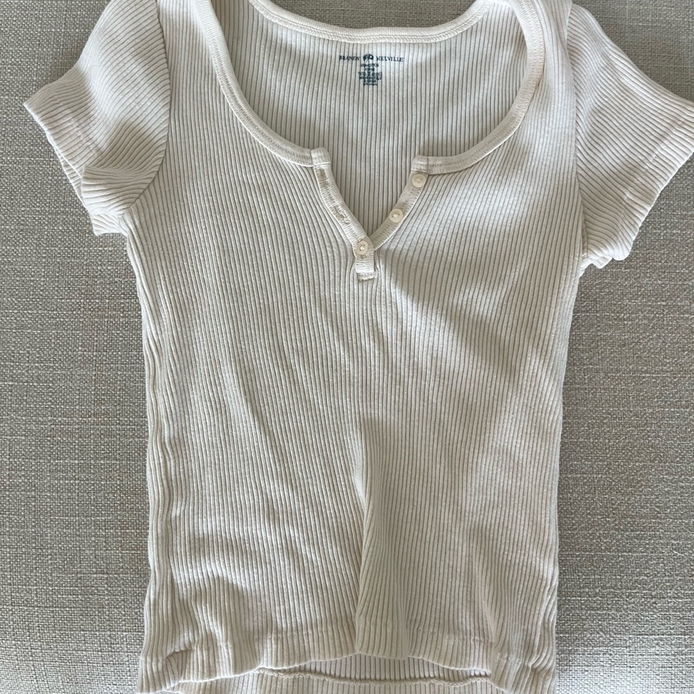 Brandy Melville Cream Ribbed Henley Short-Sleeve Tee